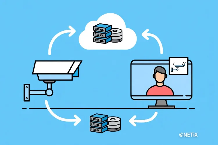 CCTV 영상 데이터를 외부 클라우드 서버에 안전하게 이중 저장하는 네틱스 원격 백업 솔루션 구성도