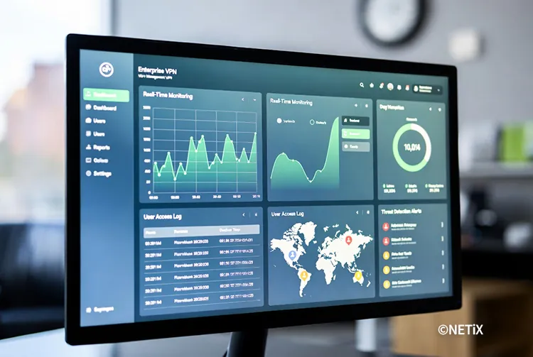 누가 언제 어디서 접속했는지 한눈에 파악하고 이상 징후를 실시간 감지하는 네틱스 VPN 관리 대시보드 화면