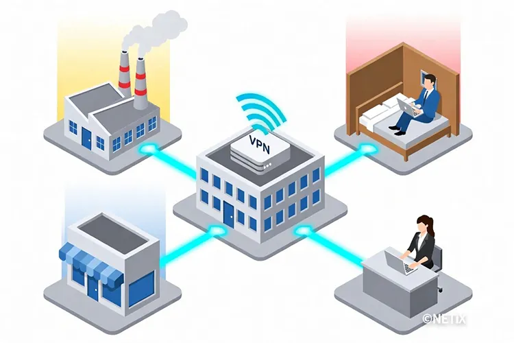 본사와 지사 및 원격 근무지를 하나의 안전한 네트워크로 연결하는 네틱스 기업용 VPN 시스템 구성도