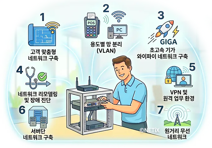 현장 맞춤형 설계부터 보안 망 분리 및 원격 업무 환경까지 제공하는 네틱스의 7가지 전문 네트워크 솔루션
