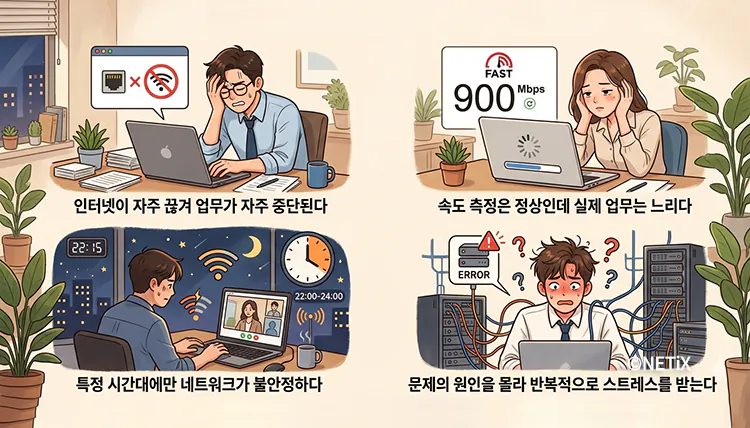 인터넷 끊김과 속도 저하로 업무에 어려움을 겪고 있는 직원들 모습