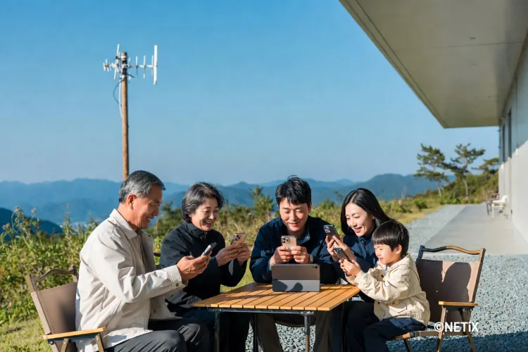 네틱스 장거리 안테나가 설치된 펜션 단지 테라스에서 온 가족이 끊김 없이 무선 와이파이를 즐기는 모습